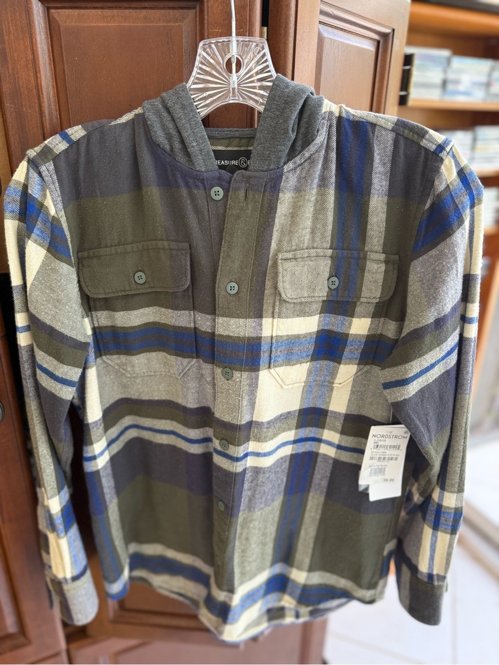 Treasure & Bond Plaid Hooded Shirt Jacket in Olive, Blue & Cream